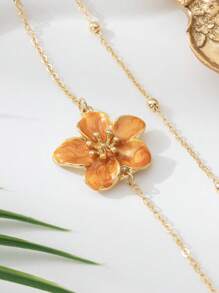 1 pieza Tobillera multicapa simple y elegante con flor naranja, adecuada para el verano, la playa o el uso diario (la cantidad de cuentas puede variar debido al trabajo artesanal, la longitud se mantiene consistente)