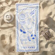 حوله شاطئ ناعمة جداً قابلة للتخصيص قياس كبير ، خفيفة الوزن ، سريعة الجفاف ، مناسبة للسباحة والتخييم والنزهة - مطبوعة باسمك - باللون الأبيض والوردي مع رسومات إكسسوارات الشاطئ