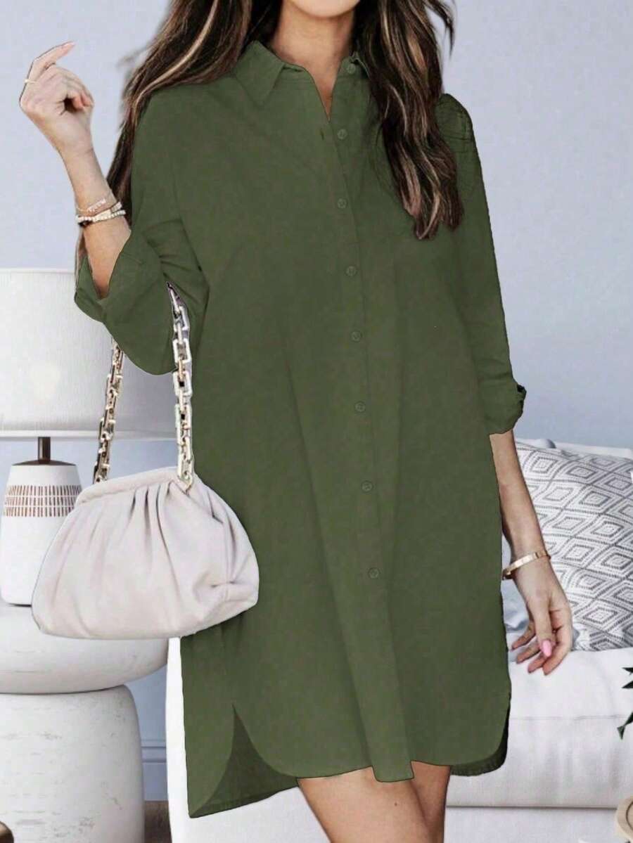 Women's Solid Color Single-Breasted Casual Loose High-Low Hem Pocket Commuter Versatile Shirt Dress Spring - Army Green - View 1