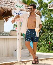 Swim Trunks Mens 5 Inch Inseam Compression Liner Short Men Bathing Suit Lined Swimming Shorts Men's Swim Suits - 鳳梨海軍藍 - 查看 5