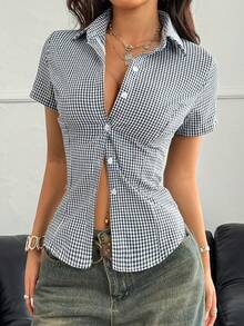 阳光少女风春季情人节女装Y2K返校季棉质修身翻领短袖衬衫，带纽扣，蓝色格子学院风上衣 - 藍色 - 查看 6