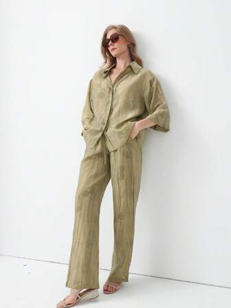 HZXVIC Women's New Autumn Tie-Dye Casual Vacation Collared Shirt With Drawstring Waist High Waist Pants Set