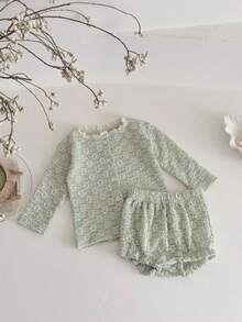 2pcs/Set Baby Girl Casual Hollow Out Long Sleeve Cardigan And Triangle Shorts Set, Summer - Mint Green - View 2
