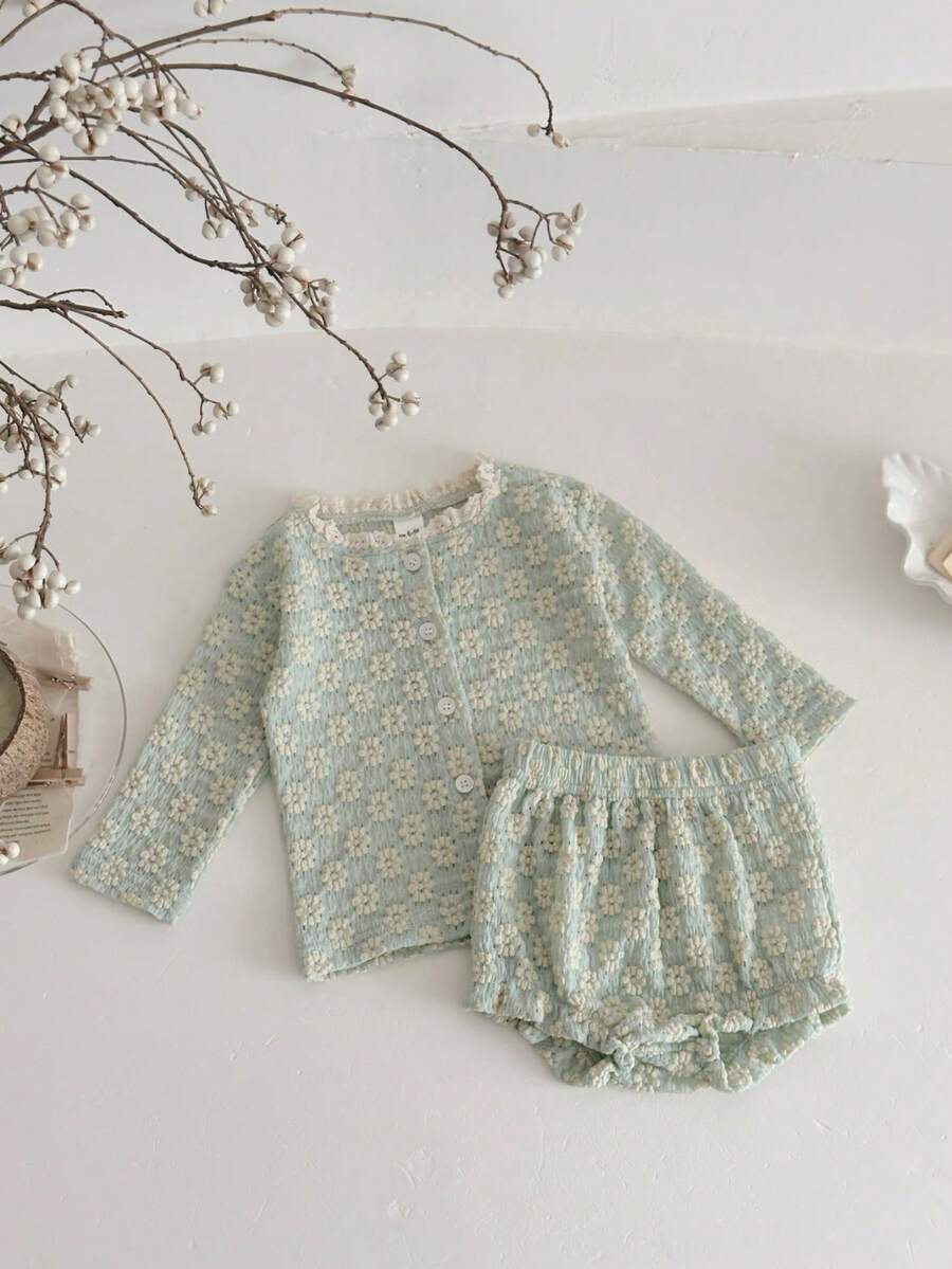 2pcs/Set Baby Girl Casual Hollow Out Long Sleeve Cardigan And Triangle Shorts Set, Summer