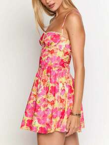 Women Boho Floral Mini Dress Y2K Spaghetti Strap Square Neck Corset Flowy Short Dress Summer Backless Sleeveless Going Out Swing Dress Beach Vacation Sundress - 玫紅色 - 查看 6