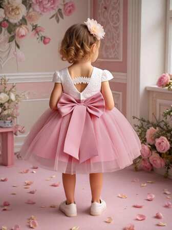 Baby Girls Lace & Tulle Cap Sleeve Contrast Color Bow Back Decorated Birthday Dress, Suitable For Party, Flower Girl, Wedding, Without Hair Accessories