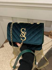 2024 New Arrival Fashion Korean Style Personalized Embossed Rhinestone Letter Casual Shoulder Bag, Simplistic Messenger Bag, Crossbody Bag - Dark Green - View 8