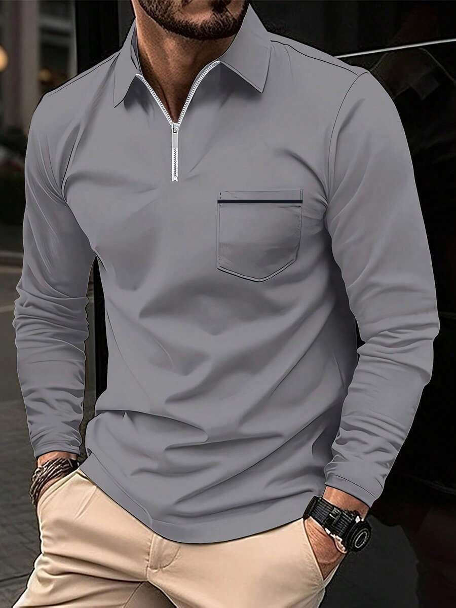Men's Long-Sleeved Polo Shirt In A Solid Color, Casual And Comfortable, With A Chest Pocket And Zip Fastening, Suitable For Outdoor Wear In Spring And Autumn, Golf, Daily And Casual Wear. - Màu xám đen - Xem 1