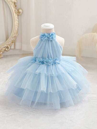Baby Girls Floral 3D Decor Sleeveless Tulle Light Blue Dress, Elegant Princess Dress, Suitable For Girl's 1st Birthday Gift, Banquet, Party, Special Occasion, Holiday Celebration, Dress