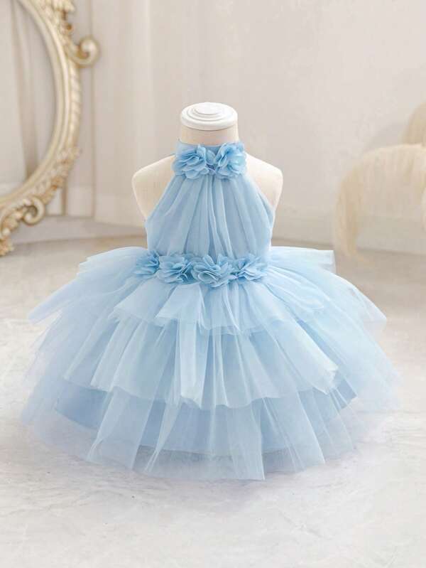 Baby Girls Floral 3D Decor Sleeveless Tulle Light Blue Dress, Elegant Princess Dress, Suitable For Girl's 1st Birthday Gift, Banquet, Party, Special Occasion, Holiday Celebration, Dress