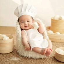 مجموعة مكونة من 2 قطعة، زي الطهاة بالقبعة للأطفال الرضع من الجنسين، إكسسوارات تصوير للمواليد الجدد - متعدد الألوان - مشاهدة 1