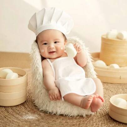 2pcs/Set Newborn Baby Photography Costume, Chef Outfit Including Hat For Infant Girls And Boys