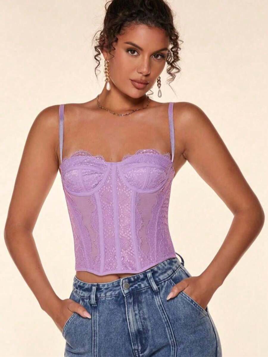 Women's Cropped Corset Lace Corselet Adjustable Strap  Corset Blouse Top - tử đinh hương - Xem 1