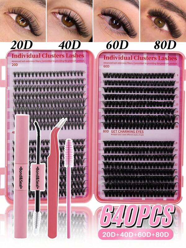 Individual Cluster Lash Book 20D+40D+60D+80D DIY Eyelash Extensions D Curl Long With Bond And Seal Lash Tweezer And Brush DIY Cluster Lash At Home