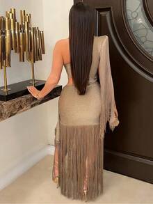 女士单肩斜领流苏连衣裙夏季镂空流苏度假生日晚会毕业典礼 - 金色 - 查看 3