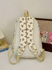 3 Pieces Set Solid Color Nylon Casual Fresh Style Strawberry, Bow Knot, Cherry Allover Printed Lanyard, Foldable Large Capacity Zipper Backpack, Suitable For Women,College Students, Going To School, Shopping, Travel Storage Bag