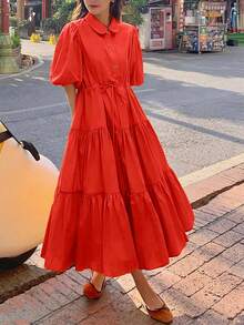 女式春夏休闲度假短款泡泡袖抽绳腰部 A 字长衬衫裙 - 紅色 - 查看 1