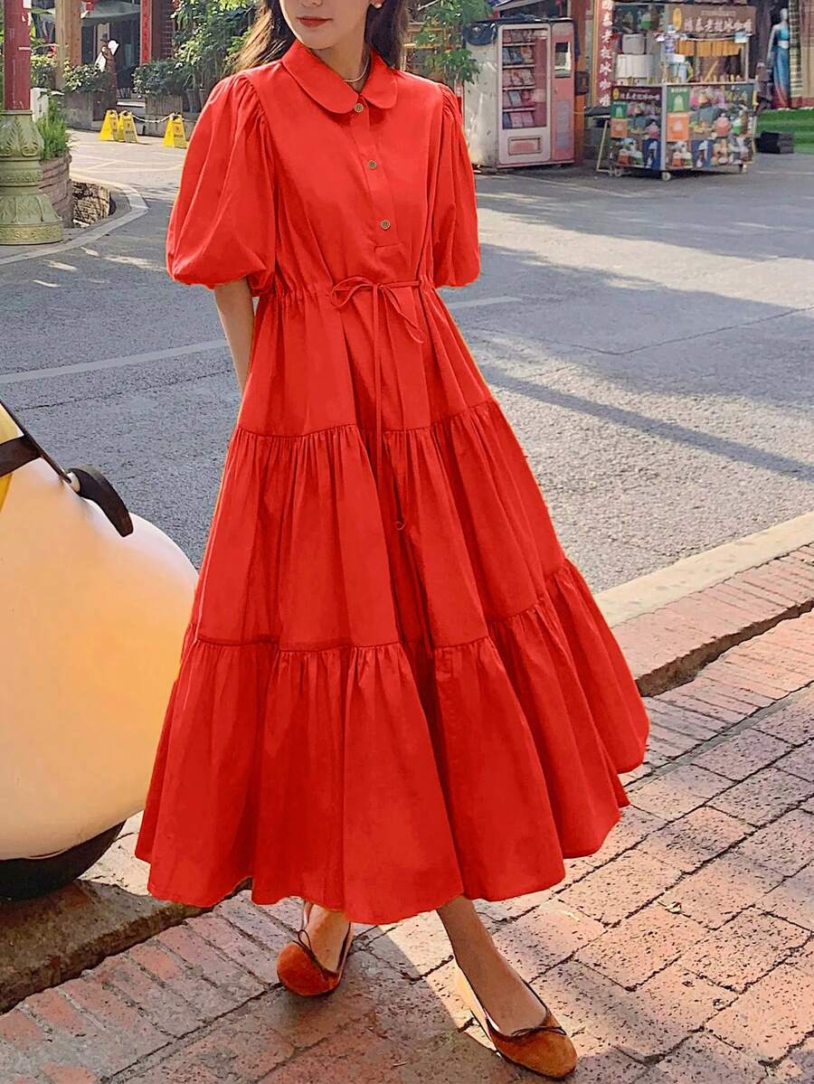 女式春夏休闲度假短款泡泡袖抽绳腰部 A 字长衬衫裙 - 紅色 - 查看 1