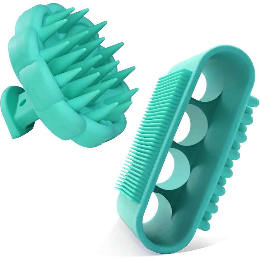 THE Silicone Body Scrubber Set, Bath Shower Body Brush And Shampoo Brush Scalp Massager Exfoliator With Intensive Bristles And Comfort Handle, Cleanse Skin & Hair,Easy To Clean And Long-Lasting.Green - 黑色 - 查看 1