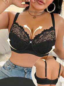 Plus Size Women Fashionable Push Up Padded Bra With Steel Rings, Lift - Black - View 5