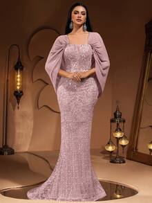 Đầm maxi đuôi cá tay bồng sang trọng, cao cấp, đính sequin, ren và voan, kiểu dáng thời trang mới dành cho nữ, thích hợp cho tiệc tùng, thảm đỏ, đám cưới, cô dâu, hoặc dịp Lễ Tình nhân mùa xuân. - Màu Hồng baby - Xem 5