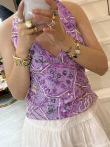 Sequin Sparkle Halter Crop Tops For Women Sleeveless Open Back Bead Tank Tops V Neck Slim Fit Vest Vintage Casual Going Out Tops Streetwear - 紫色 - 查看 7