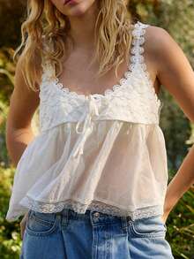 Women Summer Boho Lace Trim Tank Tops Y2k Tie Front Semi Sheer Crop Vest Cute Sleeveless Scoop Neck Flowy Cami Shirt Going Out Cotton Peplum Tops Beach Vacation Clothes Streetwear - 白色 - 查看 2