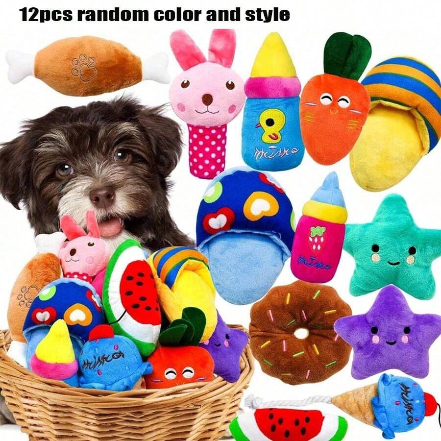 12 件什锦吱吱叫狗狗玩具，适合小型犬和中型犬，可爱互动毛绒小狗咀嚼玩具带声音，多种设计适合出牙小狗 - 彩色 - 查看 1