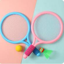 1 set de 2 piezas Raquetas de tenis de plástico con 1 pelota de tenis y 1 pelota de bádminton, pelota de entrenamiento, set de raquetas de tenis de playa, colores surtidos, adecuado para deportes al aire libre, ocio y actividades al aire libre para padres e hijos