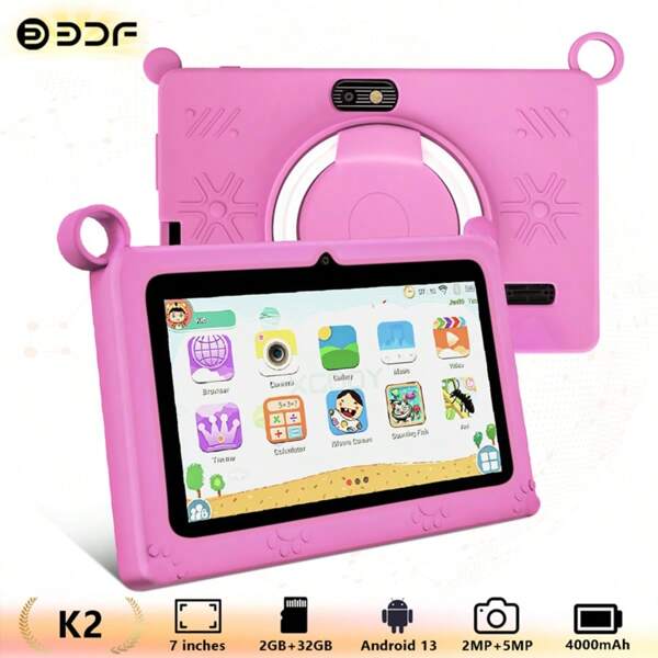 2GB RAM+32GB ROM/7-Inch Children's Tablet/4-Core 1.3GHz/Android 13 MTK8321/1280x800 IPS High-Definition Resolution IPS Screen/2MP+5MP Camera/4000mAh Large Battery/Supports WiFi Parental Control Educational Games/Uses ABS Plastic+Silicone BDF K2 Children's Education Tablet (Including: Packaging Box/Data Cable/Manual/OTG/Card Needle)