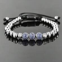 Luxury Men's Bracelet With 6mm Blue Cubic Zirconia Microbeads, Stainless Steel Round Beads Friendship Bracelet - Bạc - Xem 8