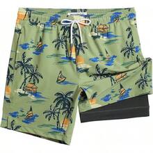 Mens Swim Trunks With Compression Liner Inch Inseam Mens Bathing Suit Quick Dry Swimming Trunks Swimsuit - Plamtree Green - View 1