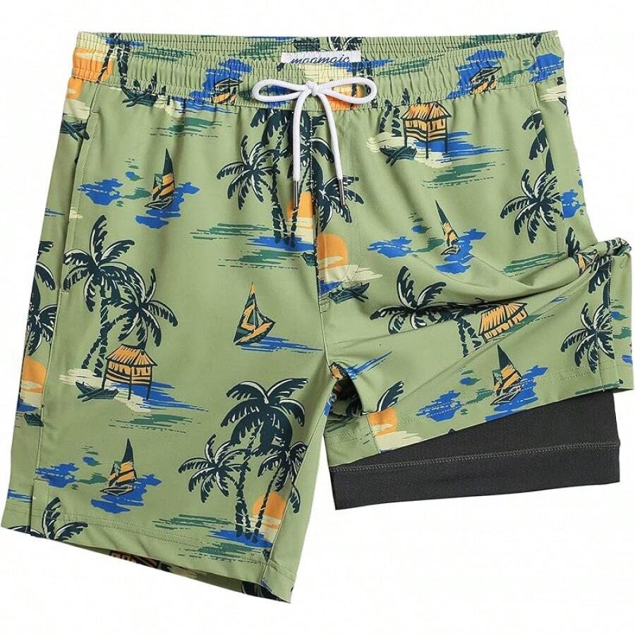 Mens Swim Trunks With Compression Liner Inch Inseam Mens Bathing Suit Quick Dry Swimming Trunks Swimsuit - Plamtree Green - View 1