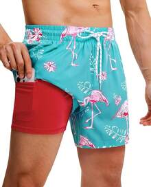 Mens Swim Trunks With Compression Lined Short Bathing Suits For Men 5 Inch Inseam Liner Men's Swimming Trunk - Green Flamingo - View 1