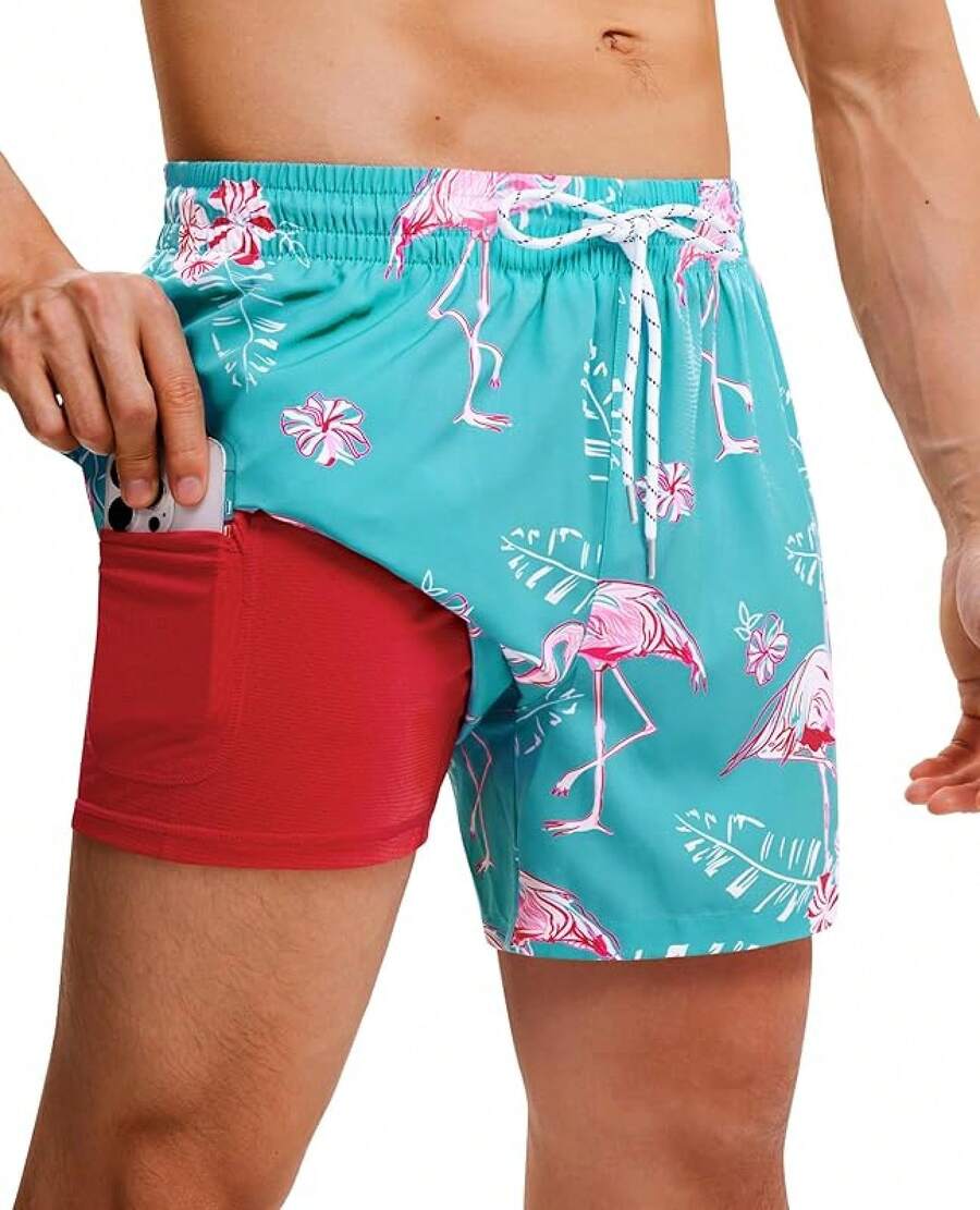 Mens Swim Trunks With Compression Lined Short Bathing Suits For Men 5 Inch Inseam Liner Men's Swimming Trunk - Green Flamingo - View 1