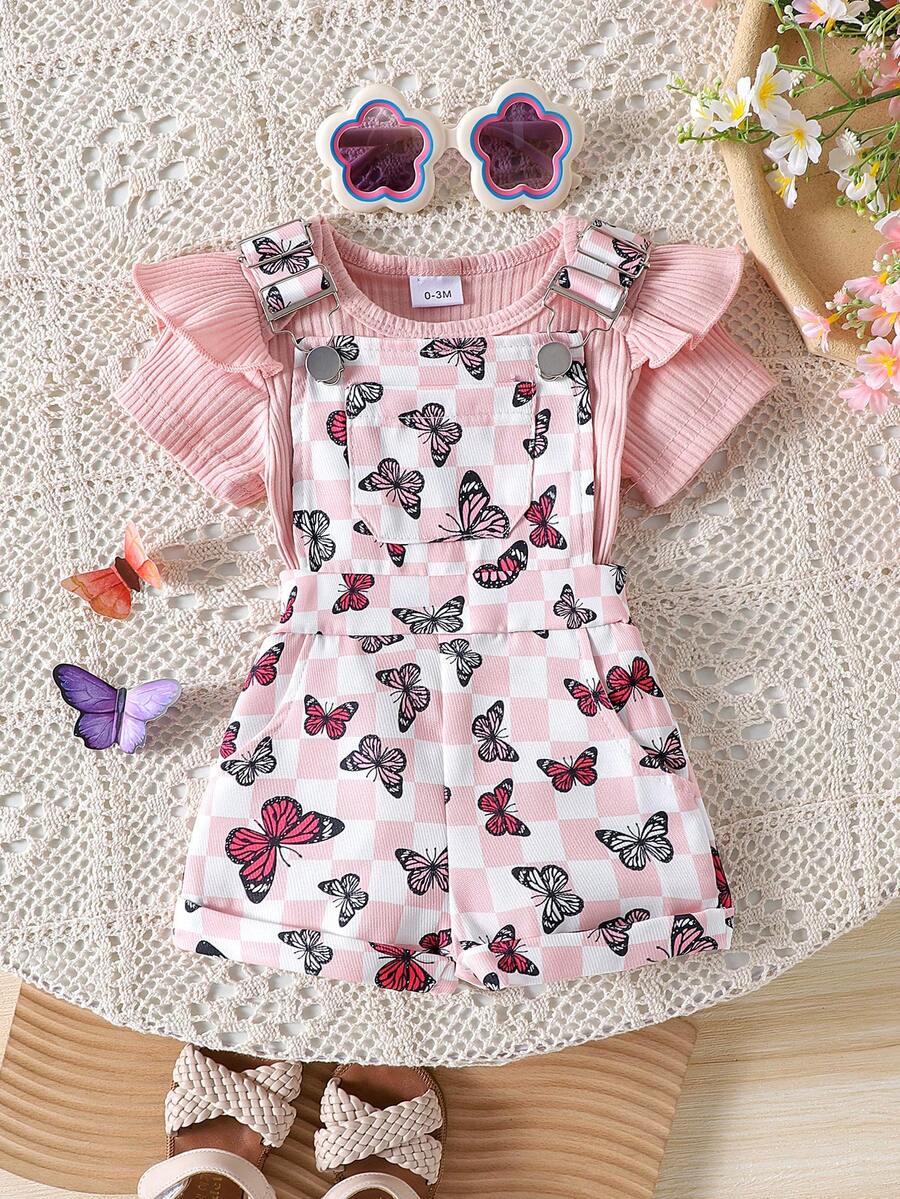 2pcs/Set Baby Girl Cute Short Sleeve Romper + Suspender Shorts Set, Lightweight Summer Outfit - Pink - View 1