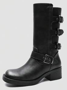 GLOBALWIN Chunky Mid Calf Fashion Dressy Motocycle Biker Military Style Combat Boots For Women Low Heel Fall Boots Halloween Season - 24YY02 仿古銀 - 查看 4