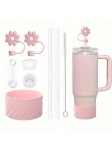 Compatible With Stanley Cup Accessories, 2Pcs Flower Straw Covers 3Pcs Silicone Spill Proof Stopper For Stanley 40oz Tumbler With Lid Handle, Silicone Protective Boot 2pcs Straw And 1pc Brush