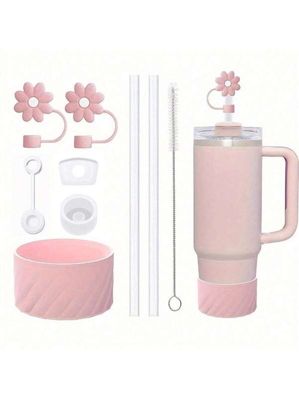 Compatible With Stanley Cup Accessories, 2Pcs Flower Straw Covers 3Pcs Silicone Spill Proof Stopper For Stanley 40oz Tumbler With Lid Handle, Silicone Protective Boot 2pcs Straw And 1pc Brush