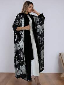 One Piece Women's Shiny Batwing Satin Open Kimono Abaya Muslim Kaftan Dress Islam Clothing For Party Holiday - Black - View 3