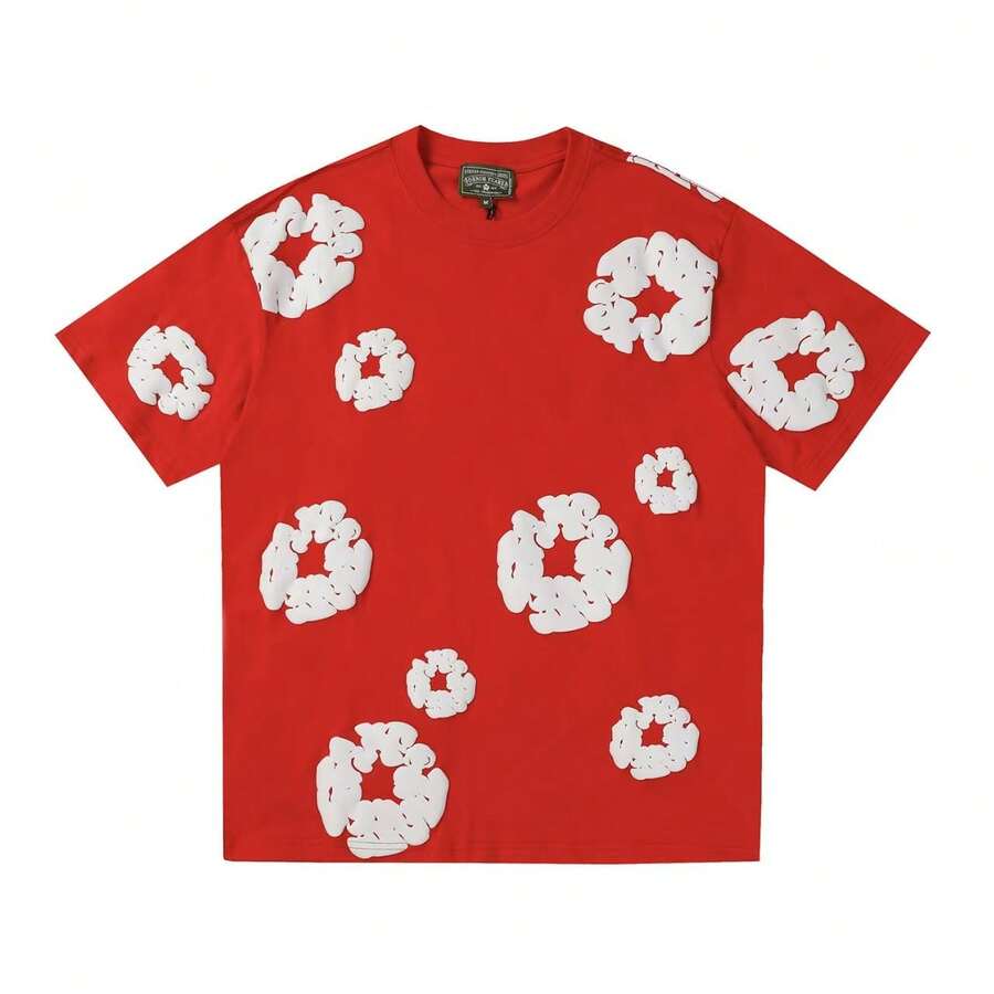 New Men's Women's Same Casual Loose Kapok Foam Printing Short-Sleeved T-Shirt With Shorts Set Floral All Over Print Casual Vestidos De Verano - 紅色短袖 - 查看 1