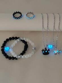ATLVXJL 6pcs/Set Luminous Couple/Friendship Crown 3D Stainless Steel Chain Glow Magnetic Heart Necklace Bracelet Ring Set, Casual Jewelry Suitable For Daily Wear And Valentine's Day Gift