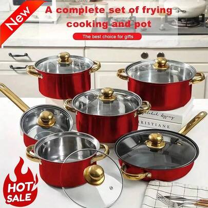 12 Piece Cookware Set Nonstick Pots And Pans Home Kitchen Cooking Non Stick, Classic Design, Glass Cover, Stainless Steel Handle, Includes 16/18/20/22/24/24cm Pots, Red