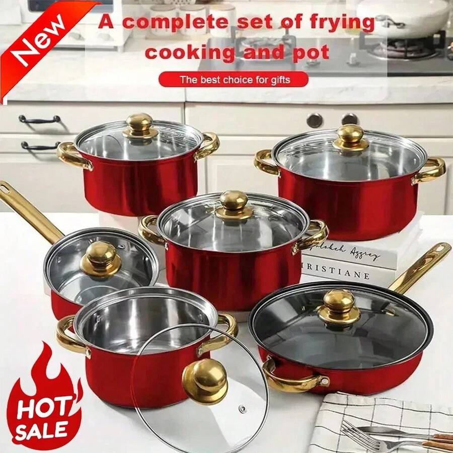 12 Piece Cookware Set Nonstick Pots And Pans Home Kitchen Cooking Non Stick, Classic Design, Glass Cover, Stainless Steel Handle, Includes 16/18/20/22/24/24cm Pots, Red