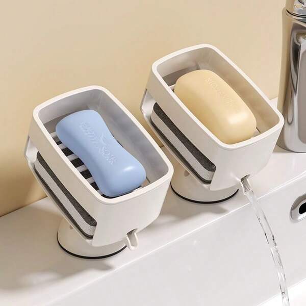 Suction Cup Soap Dish Holder With Rotatable Soap Tray & Drainage Holes, Includes Cleaning Sponge, Suitable For Bathroom, Vanity, Kitchen Back To School