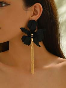 1 paire de boucles d'oreilles à fleurs exagérées et élégantes avec une chaîne et des franges, boucles d'oreilles longues polyvalentes pour femmes