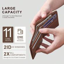 GSOIAX Premium Men's Handcrafted Vintage Crazy Horse Leather Bifold Wallet - 11 Card Slots, 2 ID Windows, 2 Cash Pockets, RFID Blocking - Perfect Gift For Him - 棕色 - 查看 6