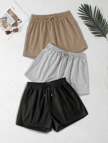 3 Packs Solid Elastic Waist Knotted Relaxed Athletic Shorts - Light Grey - View 1