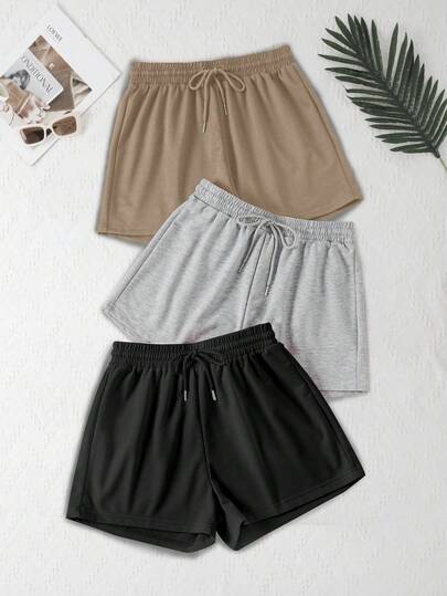 3 Packs Solid Elastic Waist Knotted Relaxed Athletic Shorts