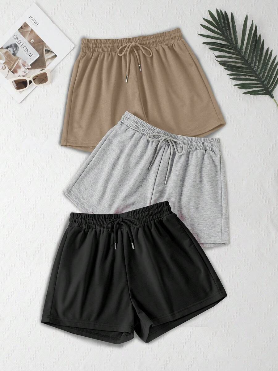 3 Packs Solid Elastic Waist Knotted Relaxed Athletic Shorts - Light Grey - View 1